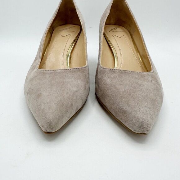 Brian Atwood‎ Karina Taupe Suede Block Heel Pumps With Gold Grid Heel Design 10 - Picture 4 of 16